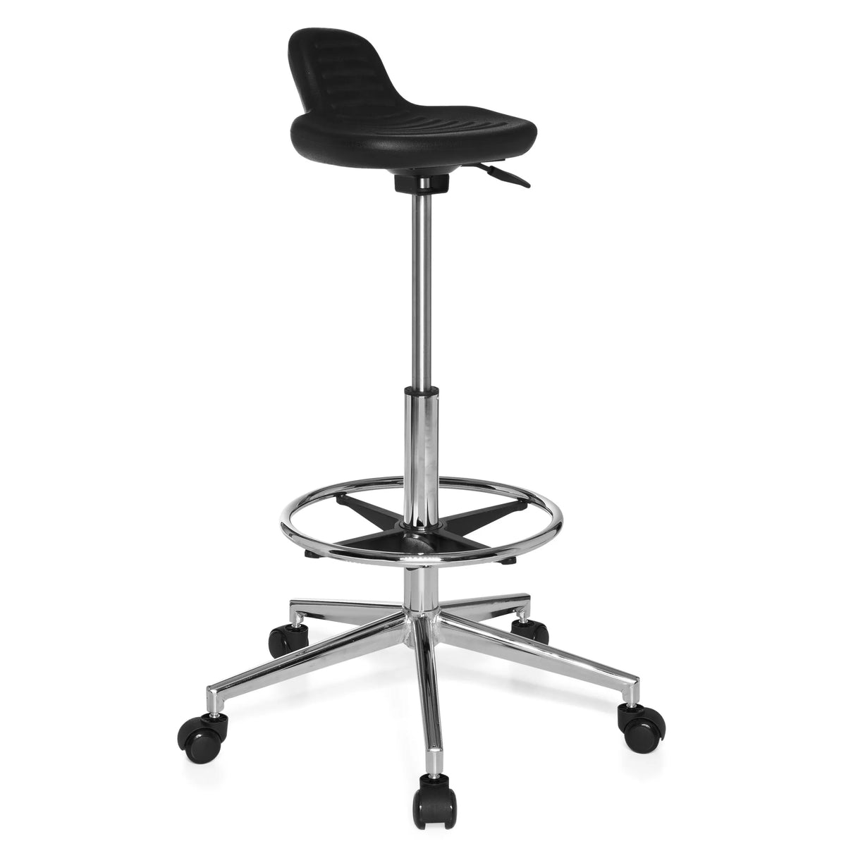 Zwarte Draaikruk TOP WORK 03 met voetring en vijfpoot met zwenkwielen van hjh OFFICE – 360-gradenweergave (schuin vooraanzicht 40°)