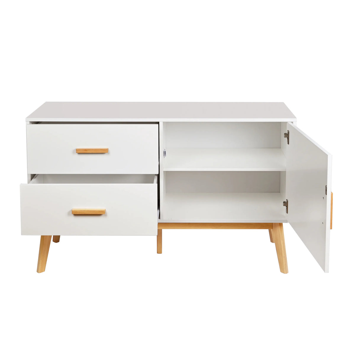Wit Dressoir TAROLO met twee laden, een vak met open deur en houten poten van hjh LIVING