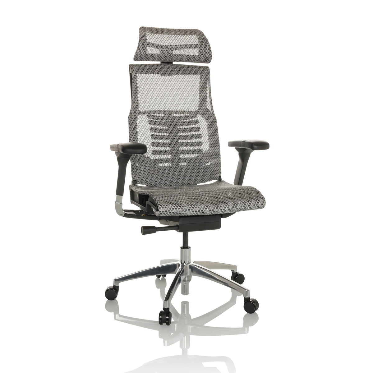 Lichtgrijze High end bureaustoel POFIT GEN2 met netrug en vijfpoot met zwenkwielen van hjh OFFICE – 360-gradenweergave (vooraanzicht 15°)