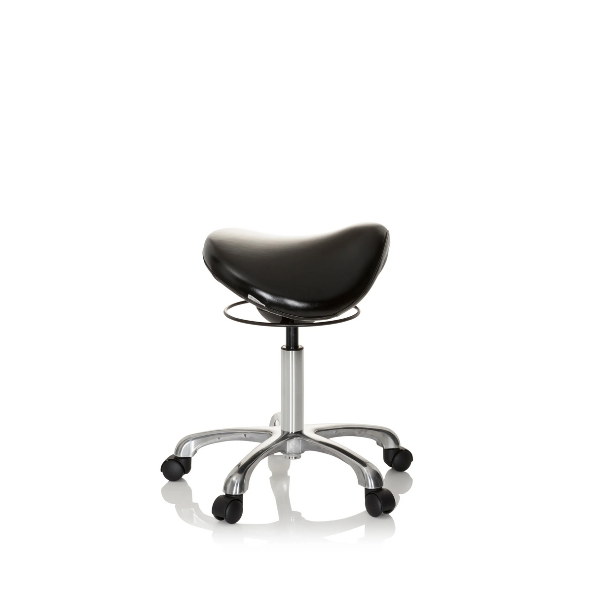 Zwarte Zadelkruk ORTHO SIT met voetkruis en vijf zwenkwielen van hjh OFFICE – 360-gradenweergave (zijaanzicht 80°)