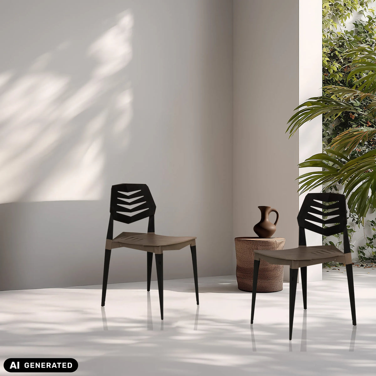 Twee Flecharo outdoor stoelen in bruin en zwart van hjh LIVING (AI-gegenereerde afbeelding)