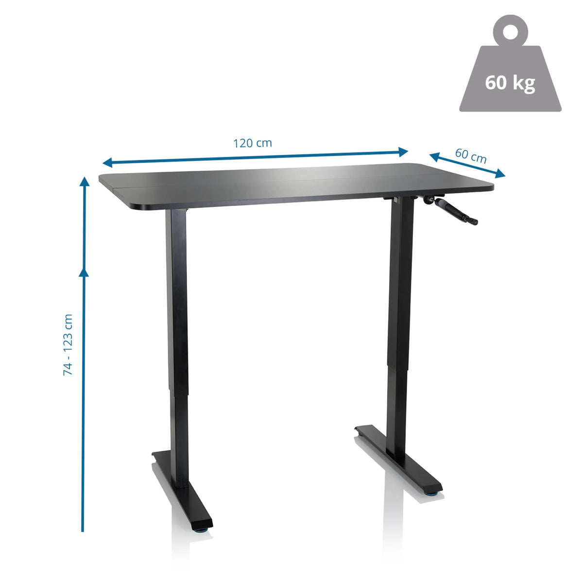 Maattekening van het Zit- Sta bureau STAND CR met 120 x 60 cm en een draagvermogen van 60 kg van hjh OFFICE