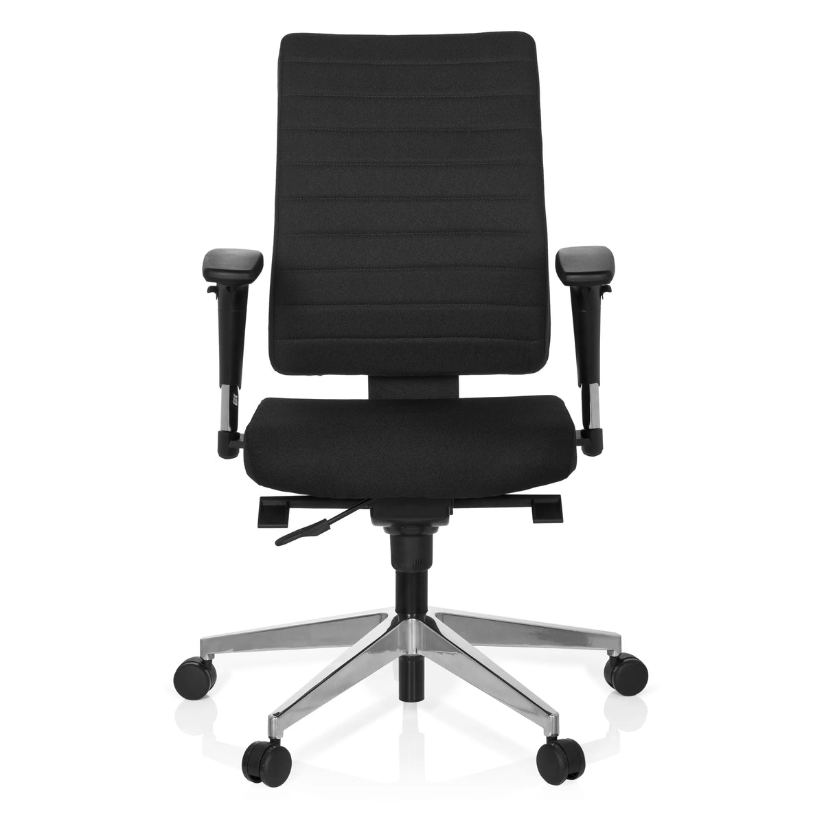 Zwarte Professionele bureaustoel PRO-TEC 350 met armleuningen en zilverkleurig vijfster-onderstel van hjh OFFICE – 360-gradenweergave (vooraanzicht 0°)