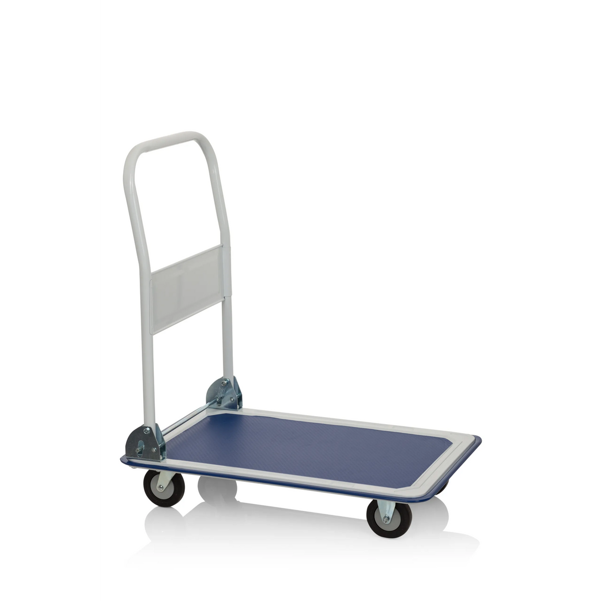 Blauw-witte Platformwagen CARRY met inklapbare handgreep en vier zwenkwielen van hjh OFFICE – 360-gradenweergave (vooraanzicht 0°)