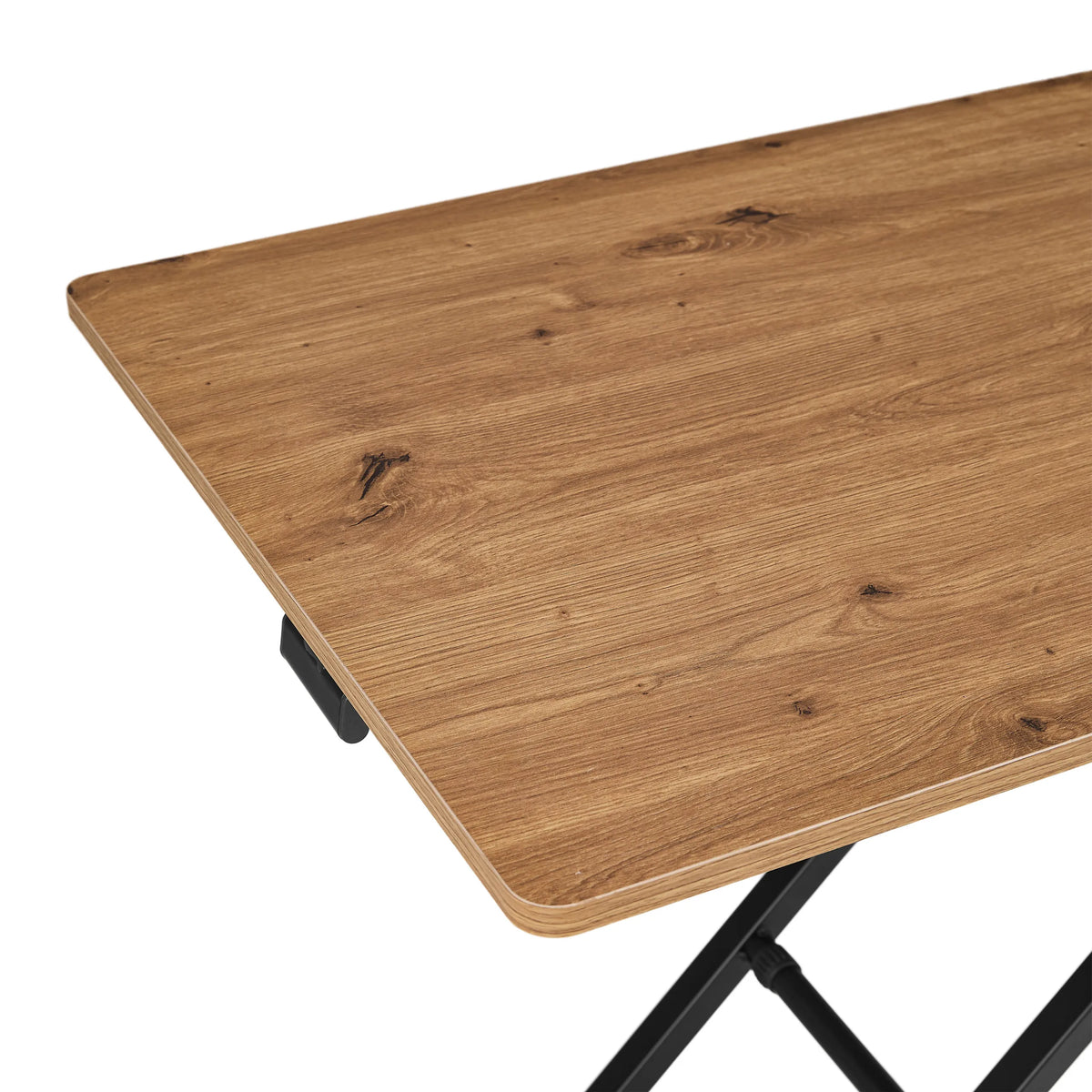 Houtlook van het tafelblad in eiken met zwart onderstel van de tafel Worktime Lift van hjh OFFICE