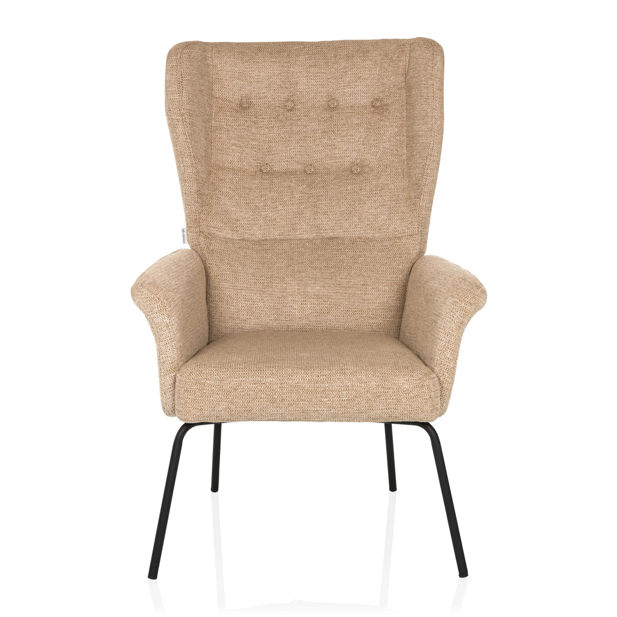 Beige Gestoffeerde fauteuil HAVENIO met knopen, armleuningen en zwarte metalen poten van hjh LIVING – 360-gradenweergave (vooraanzicht 0°)