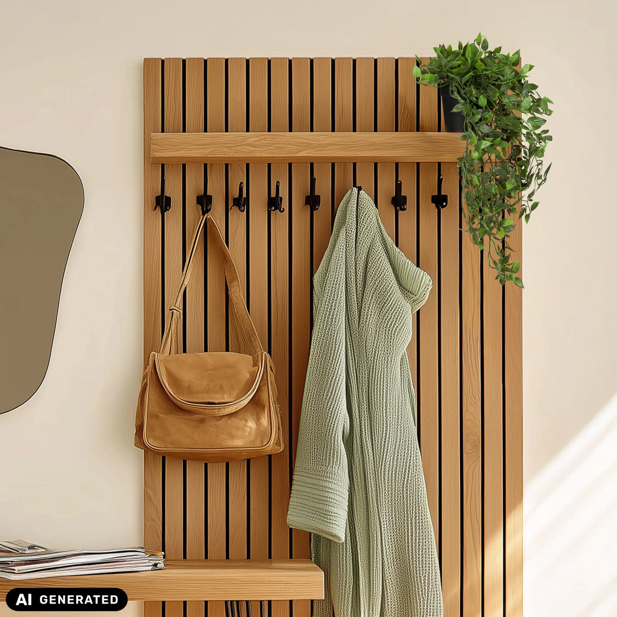 Groene kunstplant Epipremnum Climb in een pot op een houten plank van hjh OFFICE (AI-gegenereerde afbeelding)