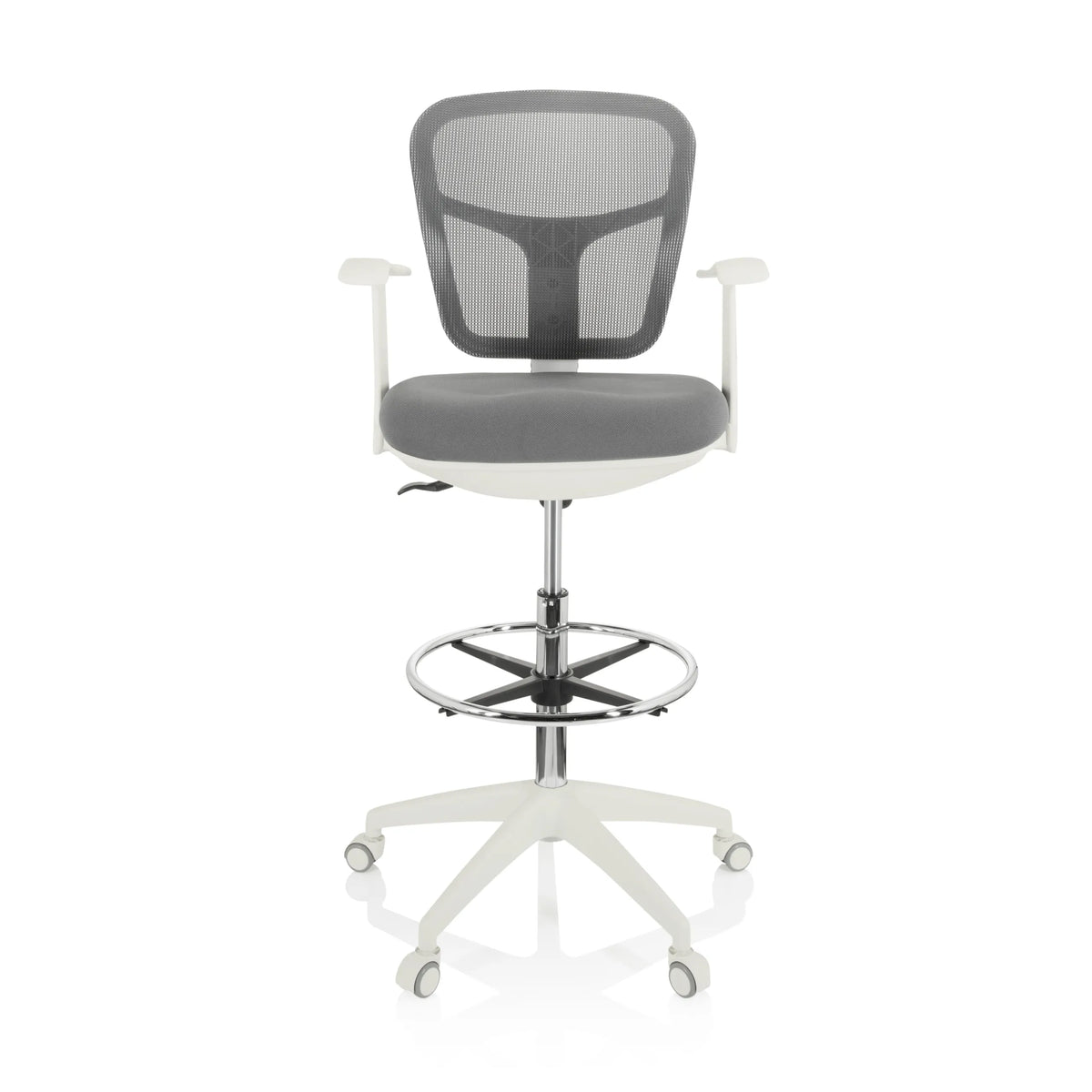 Grijze Baliestoel TOP WORK 108 W met netrug, voetring en wit vijfsterrenonderstel met zwenkwielen van hjh OFFICE – 360-gradenweergave (vooraanzicht 0°)