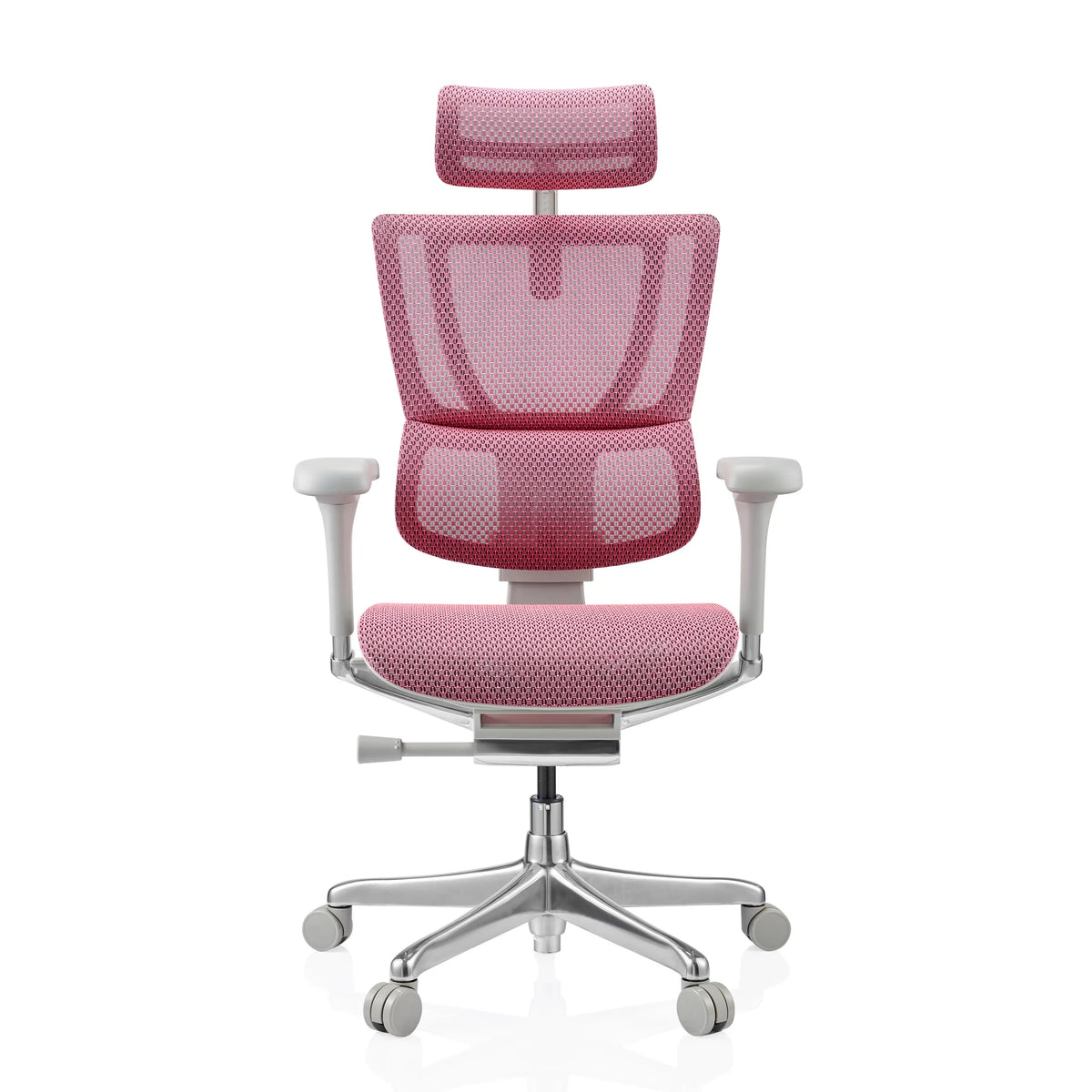 Roze luxe directiestoel ERGOHUMAN SLIM G GEN2 met netrugleuning, hoofdsteun en vijfpoot met zwenkwielen van hjh OFFICE – 360-gradenweergave (vooraanzicht 0°)