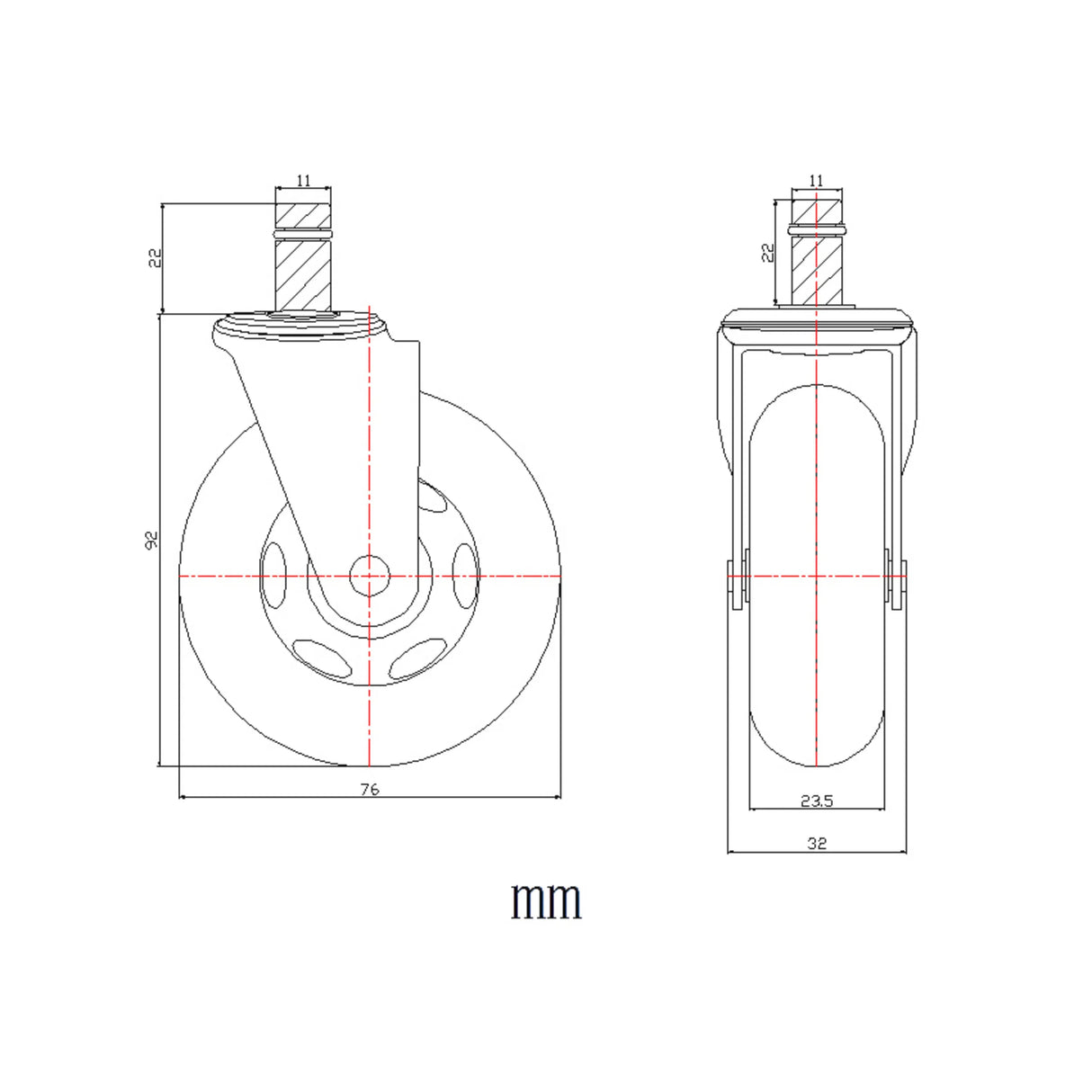 Technische tekening van de Bureaustoelwielen 5x ROLO SKATE ST 11mm/75mm met een diameter van 76 mm van hjh OFFICE