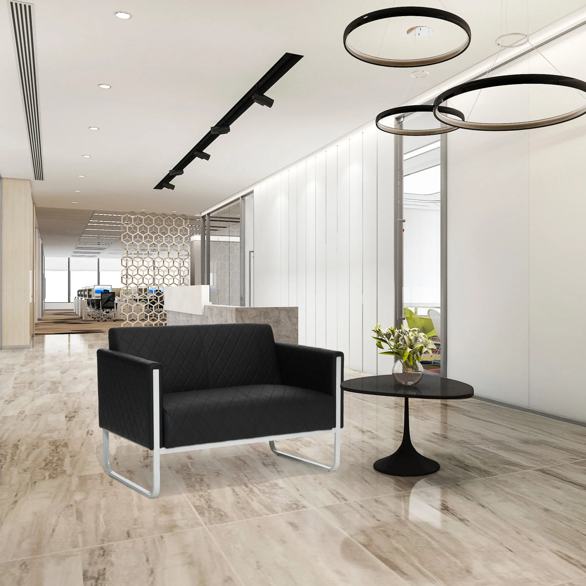 Zwarte lounge bank ARUBA STEP als tweezitter met zilverkleurig frame van hjh OFFICE