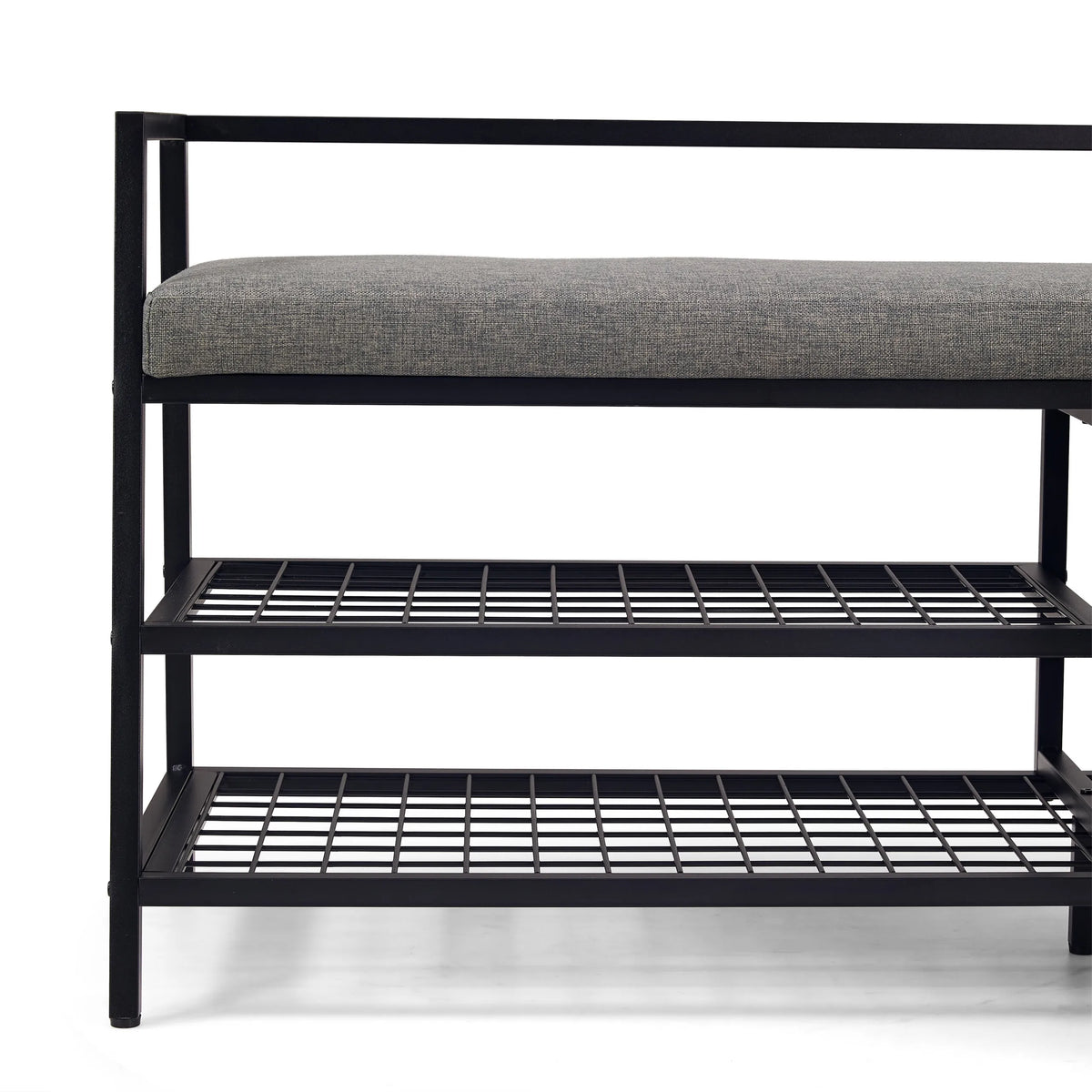 Grijs zitvlak en twee roosterplanken van de Estha Loft schoenenkast in zwart van hjh LIVING
