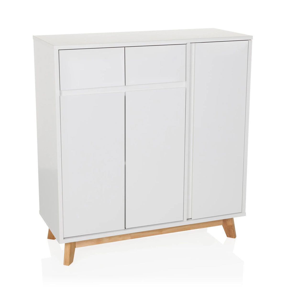 Witte commode ESTHA met twee laden, drie deuren en lichte houten poten van hjh LIVING – 360-gradenweergave (vooraanzicht 15°)