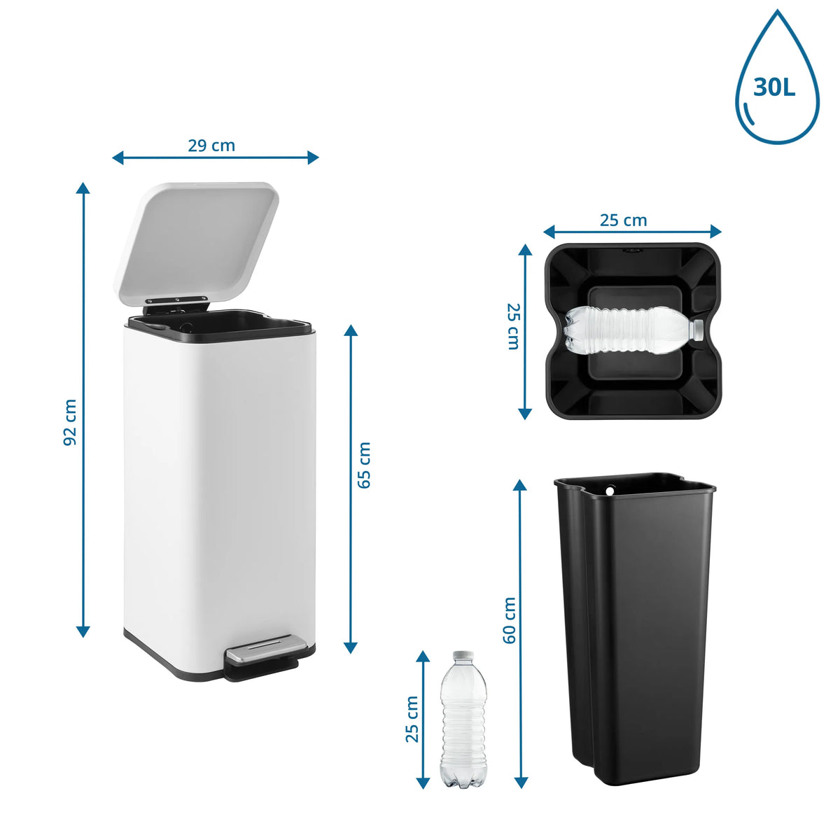 Technische tekening van de prullenbak Clean Square met 92 cm hoogte en 30 l inhoud van hjh OFFICE