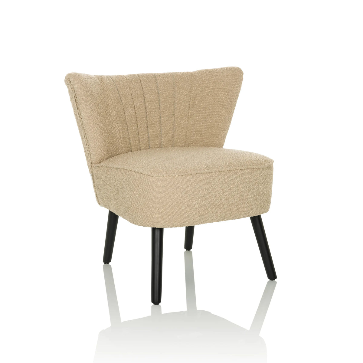 Beige Lounge stoel MANISO met gestructureerde stofbekleding en vier zwarte poten van hjh LIVING – 360-gradenweergave (schuin vooraanzicht 30°)