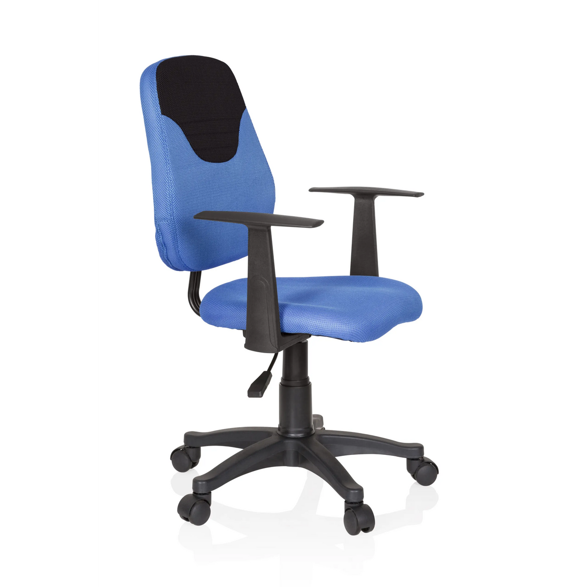 Blauwe Kinder bureaustoel KIDDY STYLE met netrugleuning, armleuningen en vijfpoot met wieltjes van hjh OFFICE – 360-gradenweergave (schuin vooraanzicht 60°)