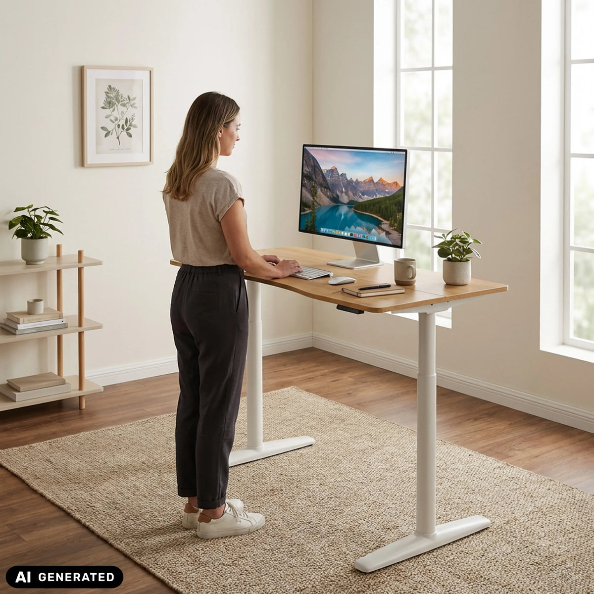 Elektrisch in hoogte verstelbaar bureau STAND PRO R in eikenlook met wit onderstel van hjh OFFICE (AI-gegenereerde afbeelding)