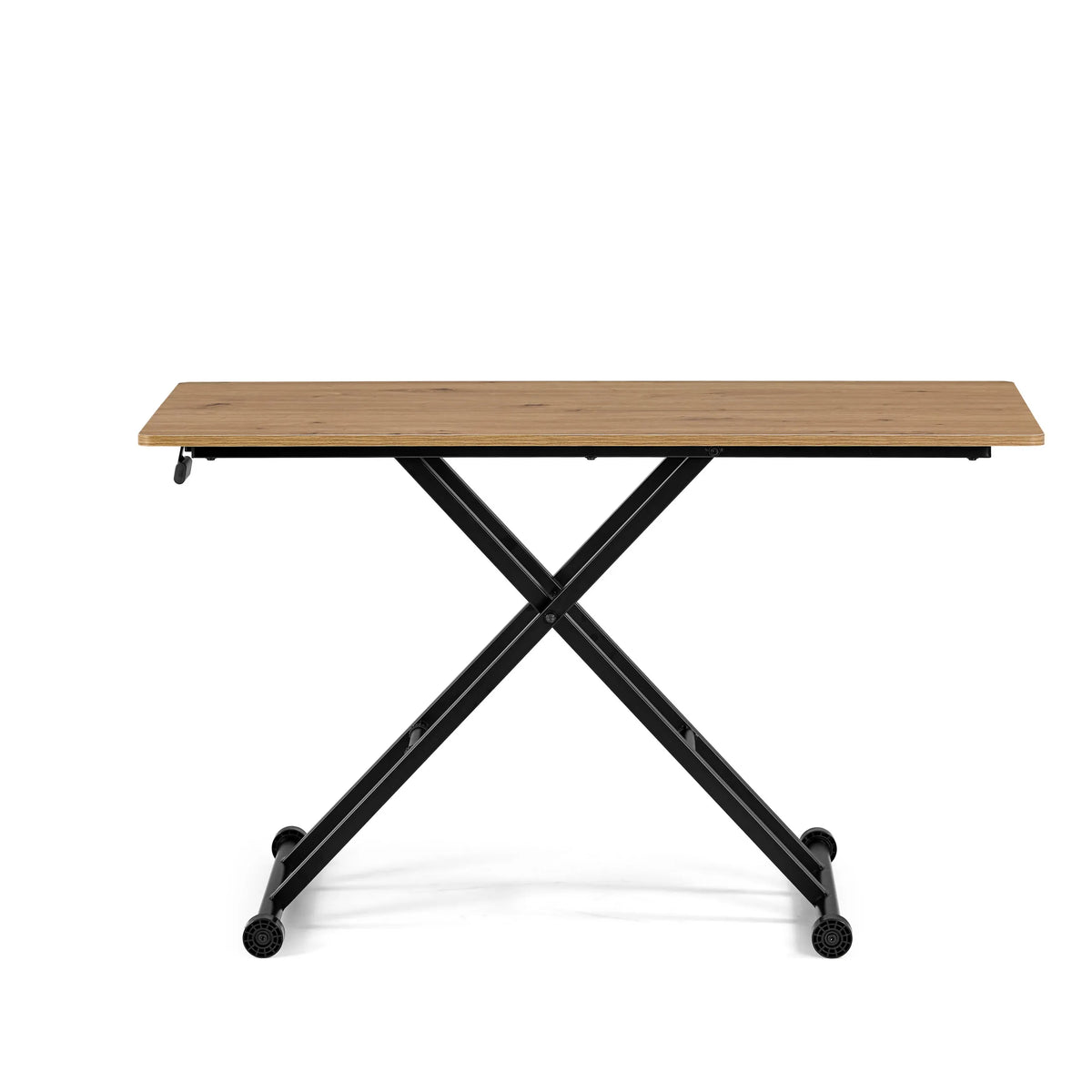 Zwarte klaptafel Worktime Lift met tafelblad in eikenlook en zwenkwielen van hjh OFFICE – 360-gradenweergave (vooraanzicht 0°)