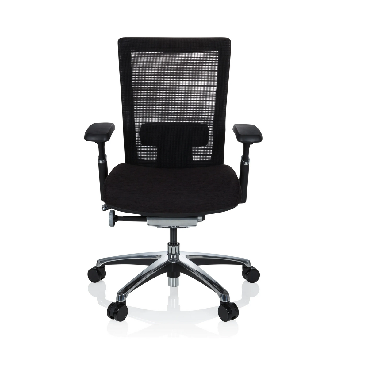 Zwarte High end bureaustoel NOVA PRO ALU met netrugleuning en vijfpoot met wieltjes van hjh OFFICE – 360-gradenweergave (vooraanzicht 0°)
