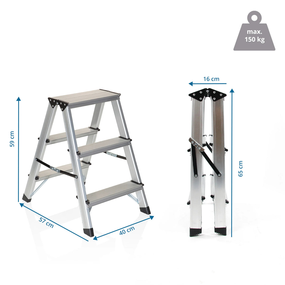 Maattekening van de Klaptrap SOLID met een hoogte van 59 cm en een draagvermogen van 150 kg van hjh OFFICE