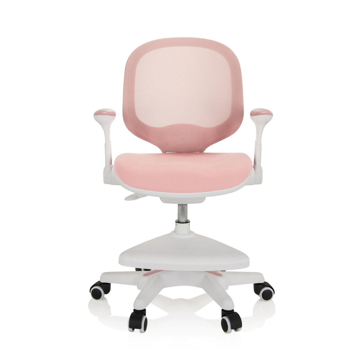 Roze kinderstoel KID ERGO met netrugleuning, armleuningen en wit vijfsterrenonderstel met wieltjes van hjh OFFICE – 360-gradenweergave (vooraanzicht 0°)