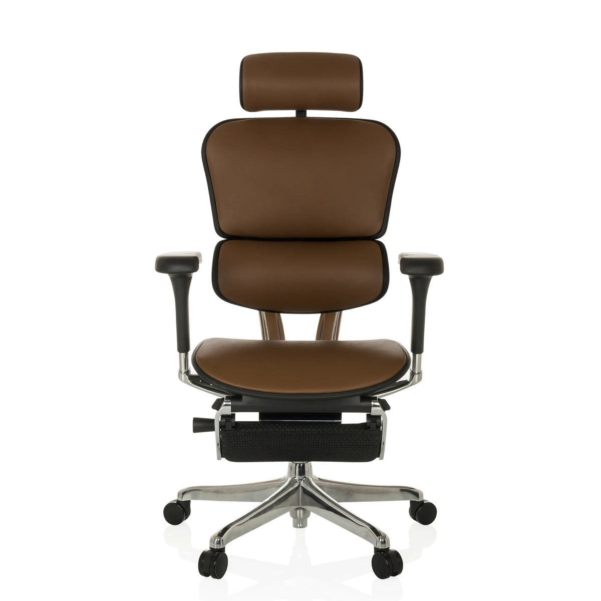 Bruine luxe directiestoel ERGOHUMAN PLUS LEGPRO GEN2 van leer met hoofdsteun en vijfsterrenvoet met wieltjes van hjh OFFICE – 360-gradenweergave (vooraanzicht 0°)