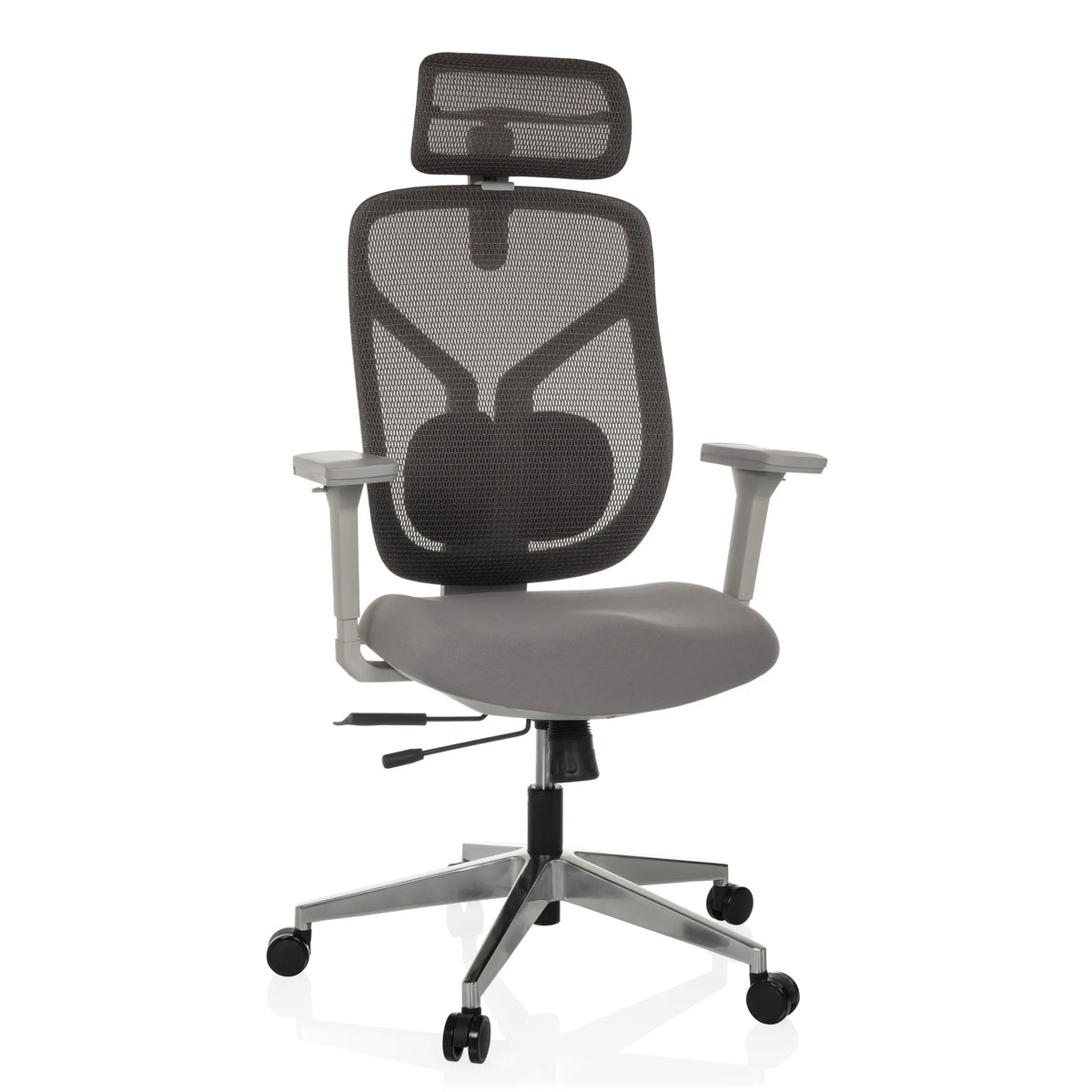 Grijze High end bureaustoel CASSILIS W met netrugleuning en vijfpoot met wieltjes van hjh OFFICE – 360-gradenweergave (vooraanzicht 15°)