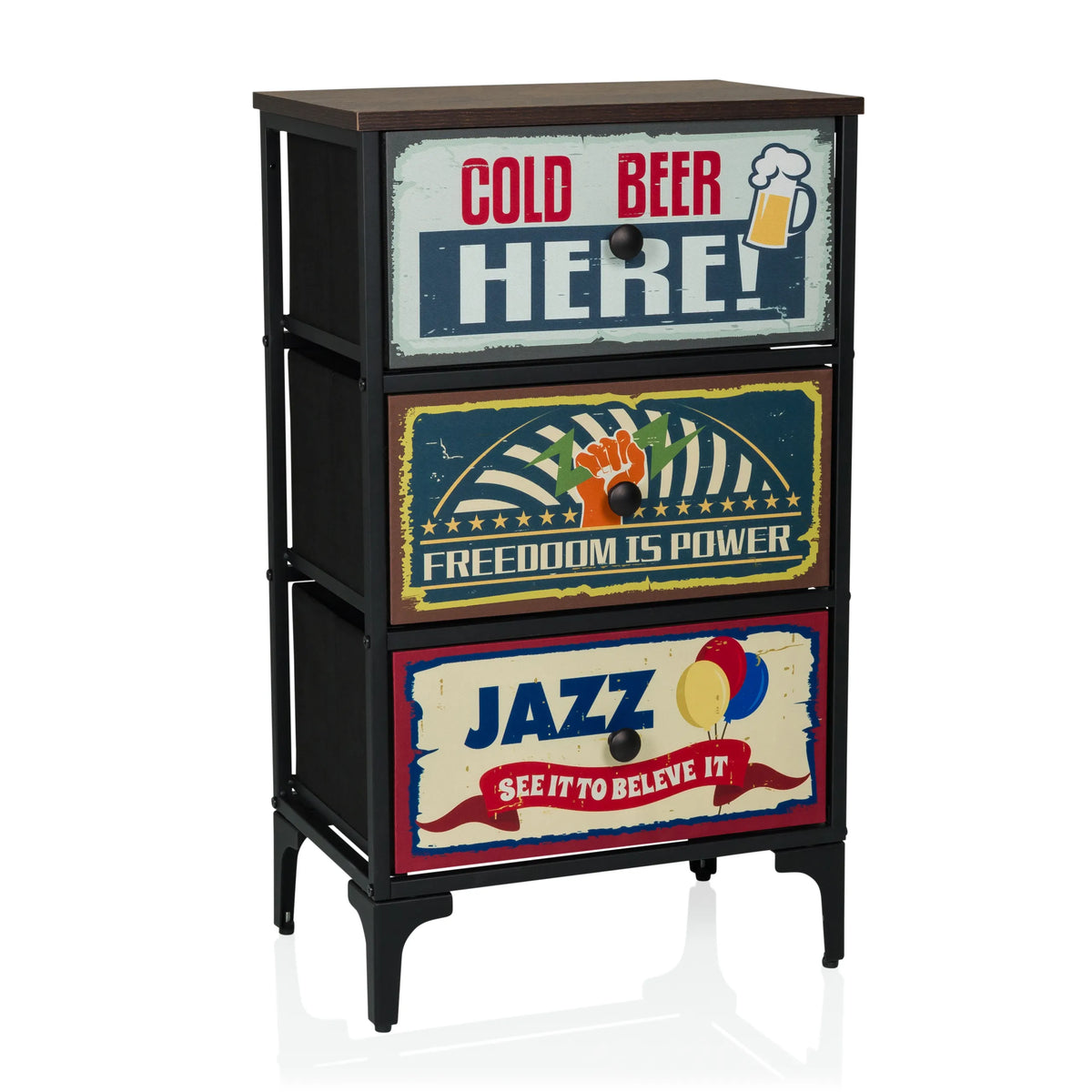 Commode AMERIKO S met drie gedessineerde laden in vintage look en zwart frame van hjh LIVING – 360-gradenweergave (vooraanzicht 15°)