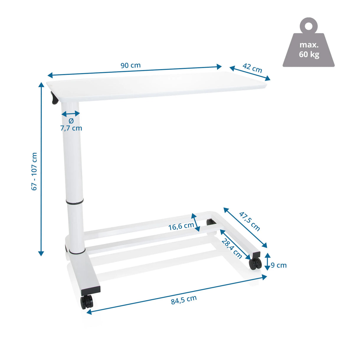Technische tekening van het Zit- Sta bureau STAND II met een werkblad van 90 × 42 cm van hjh OFFICE