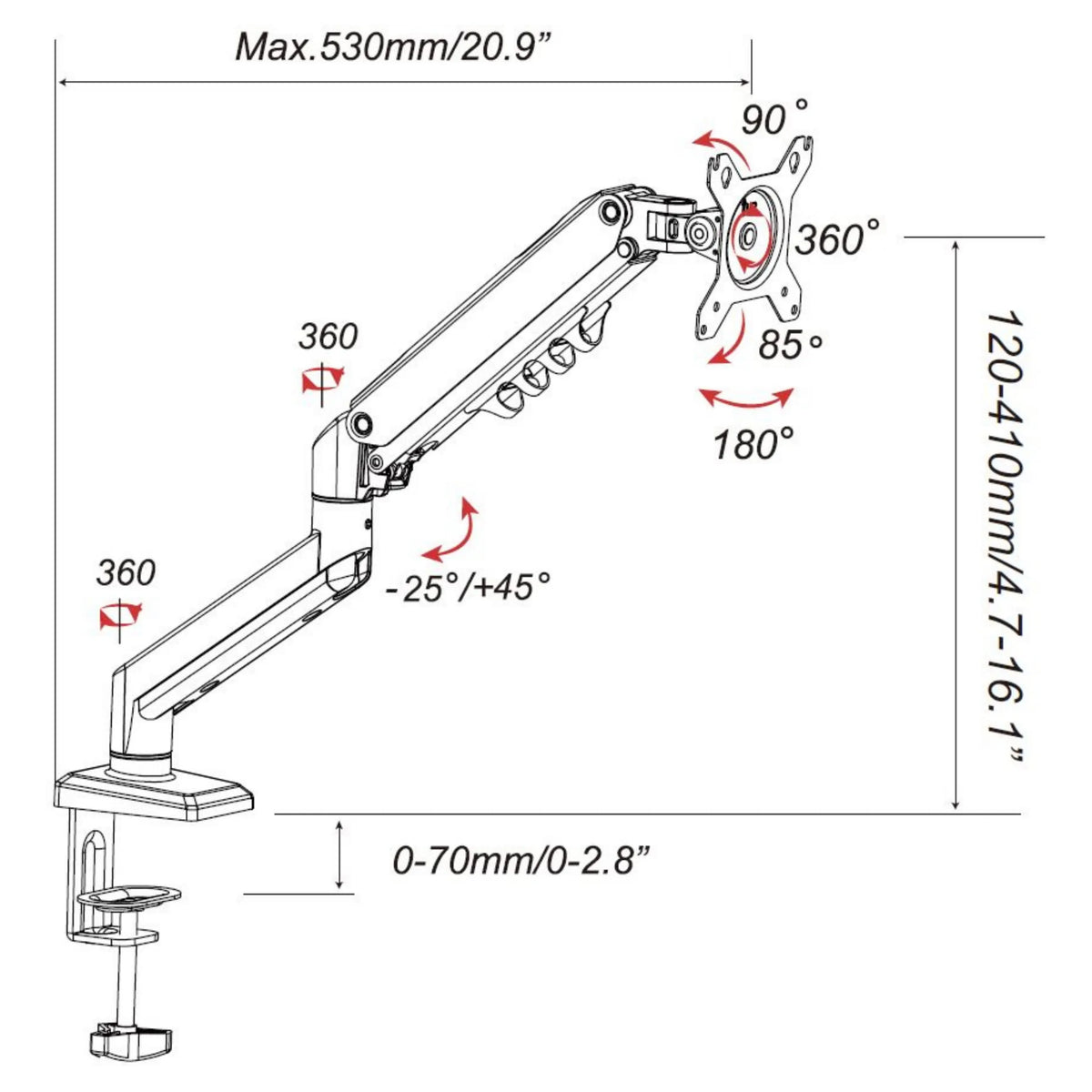 Technische tekening van de Monitorsteun Ergomount GF1 met een maximale reikwijdte van 530 mm van hjh OFFICE