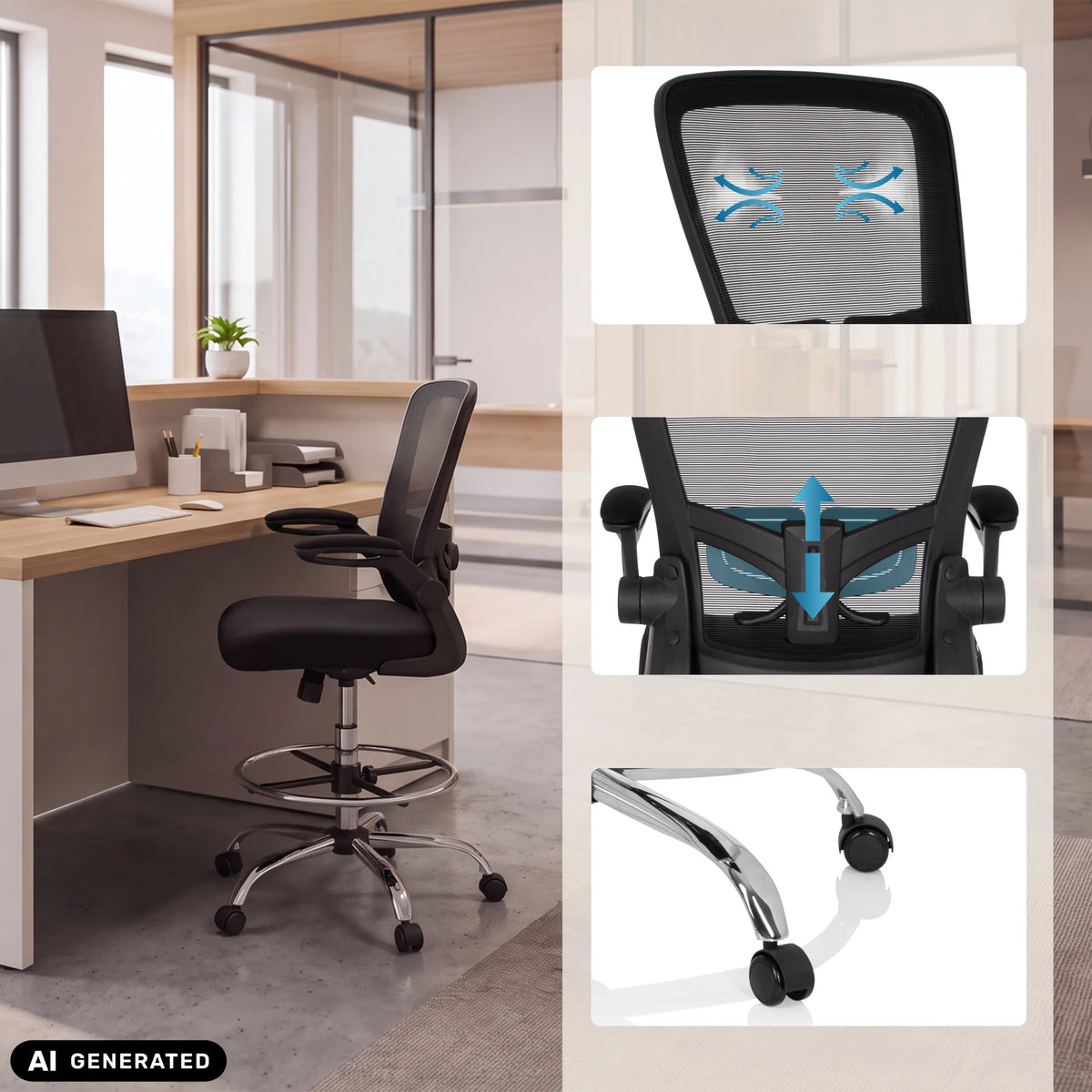 Baliestoel VENDO WORK in zwart met detailopnamen van de rugleuning en wieltjes van hjh OFFICE (AI-gegenereerde afbeelding)
