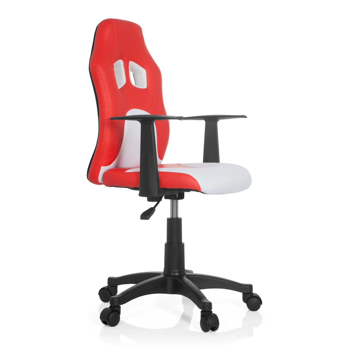 Rood-witte TEEN GAME AL kinder bureaustoel met armleuningen en zwart vijfsterrenvoet met zwenkwielen van hjh OFFICE – 360-gradenweergave (schuin vooraanzicht 60°)