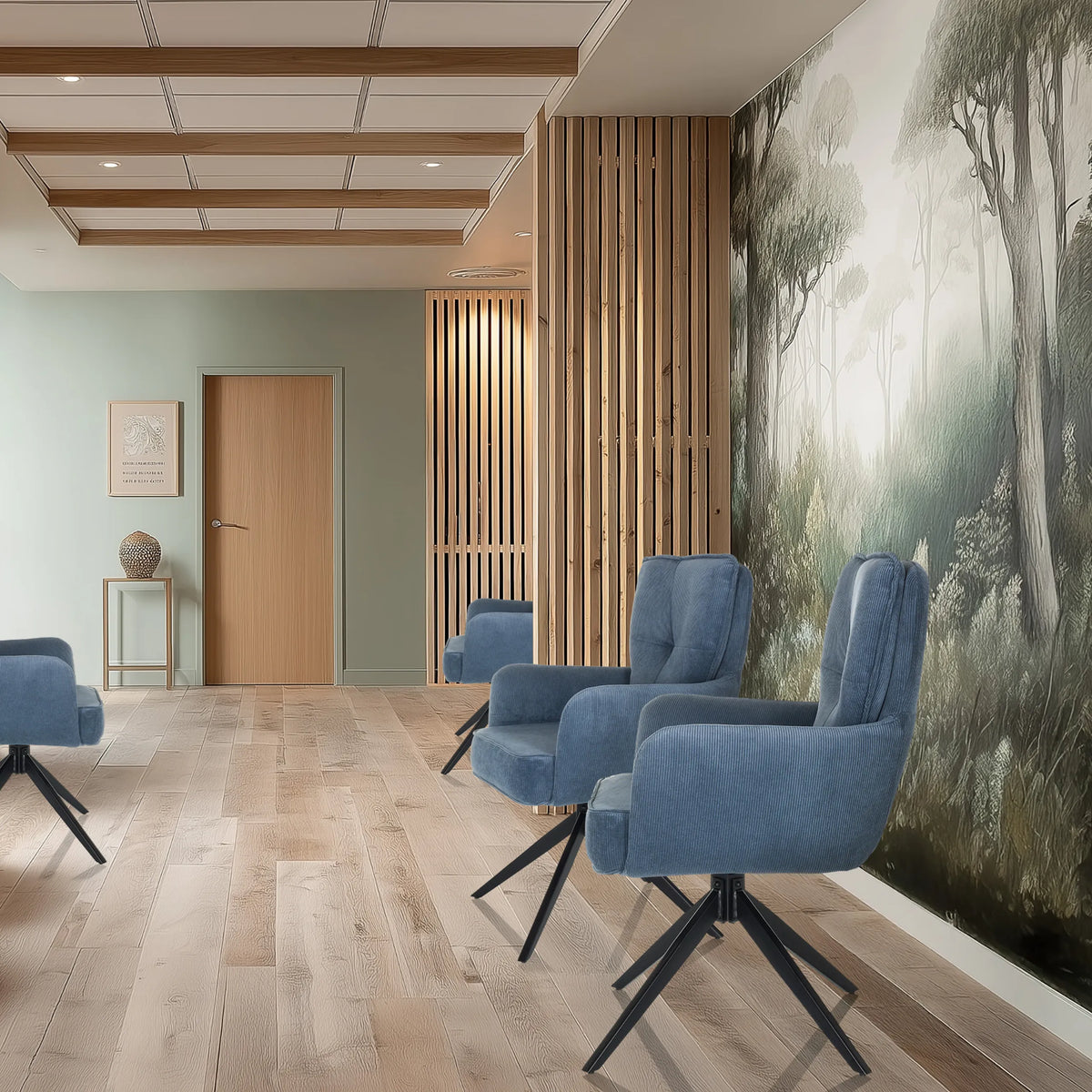 Blauwe gestoffeerde stoelen TARUGO met stervormig onderstel in een moderne wachtruimte van hjh LIVING