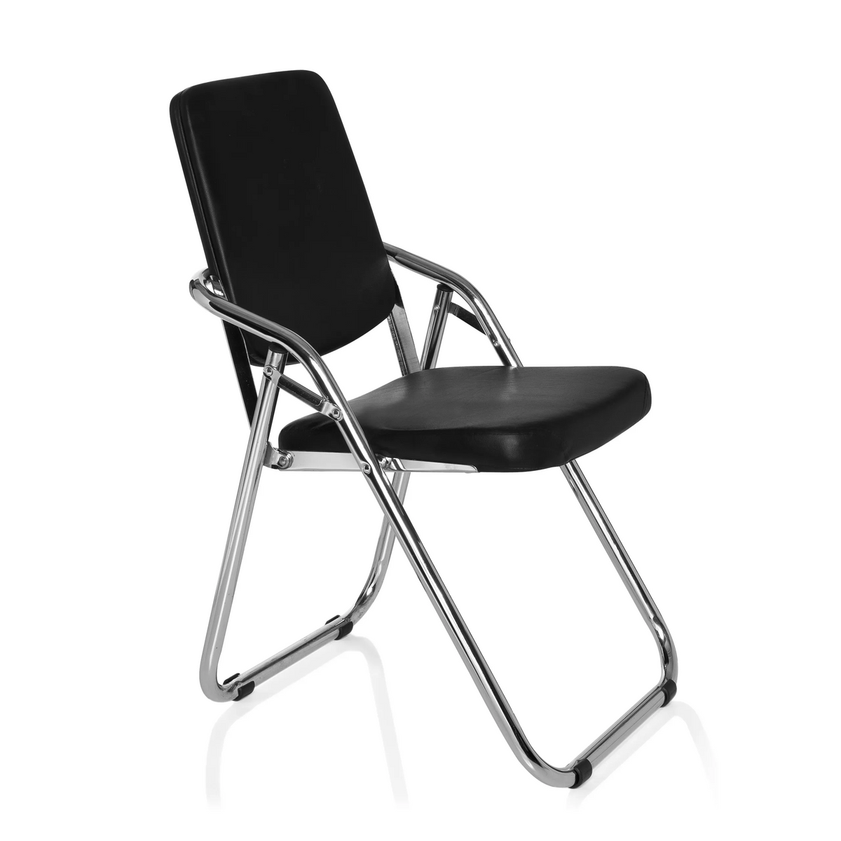 Zwarte Klapstoel ESTO met kunstlederen bekleding en chromen frame van hjh OFFICE – 360-gradenweergave (schuin vooraanzicht 60°)
