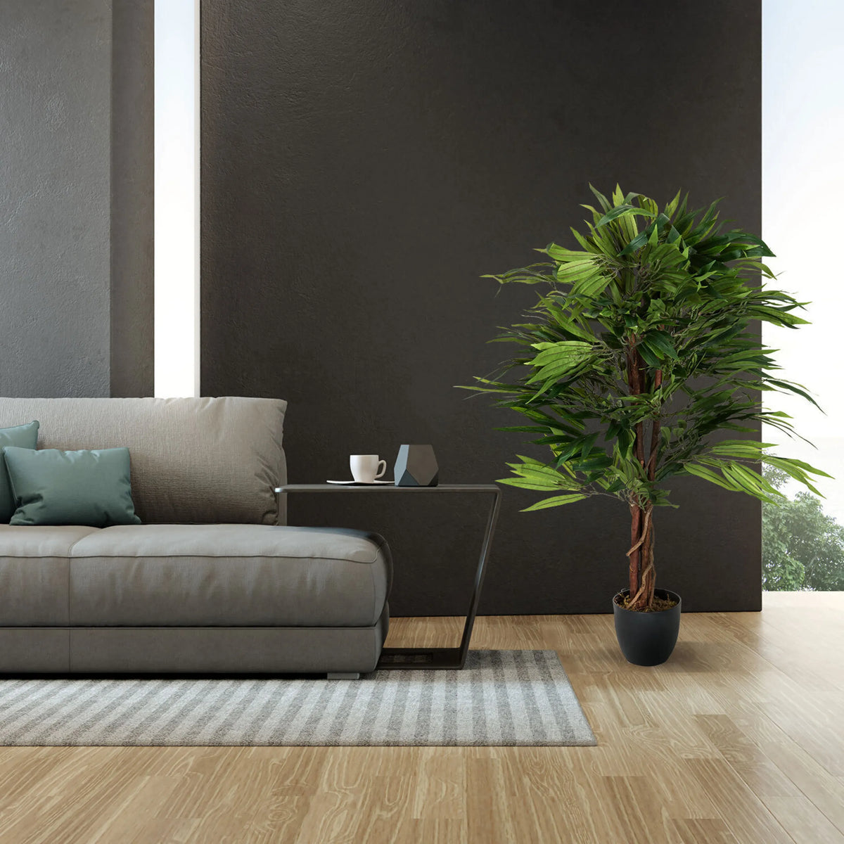 Kunstplant MANGO in groene kleur met zwarte overpot van hjh OFFICE