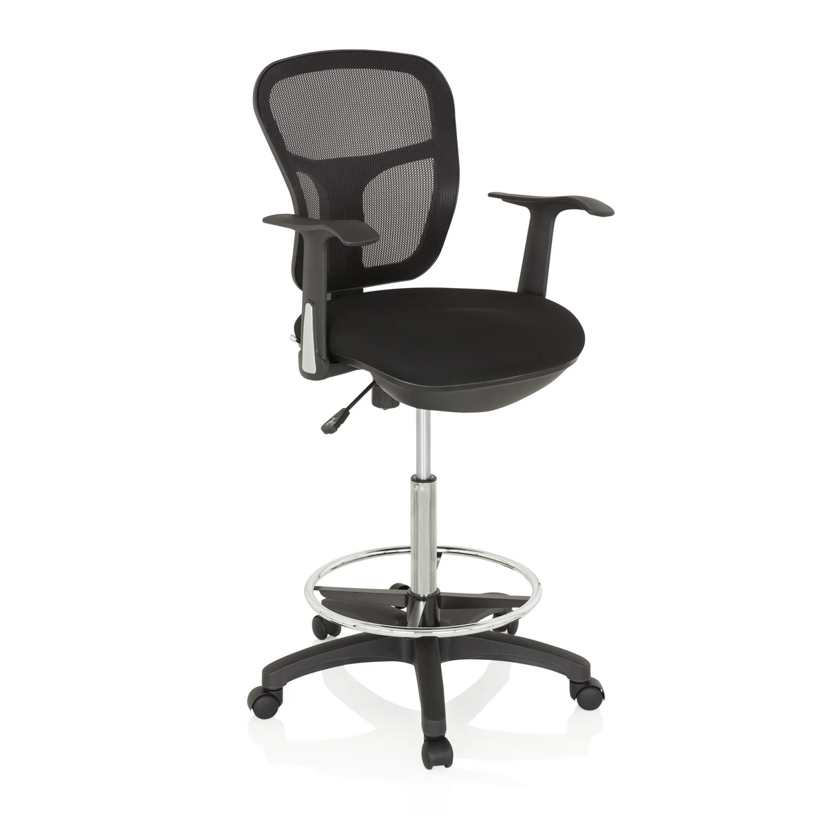 Zwarte Baliestoel TOP WORK 108 met netrug, voetring en vijfpoot met zwenkwielen van hjh OFFICE – 360-gradenweergave (schuin vooraanzicht 40°)