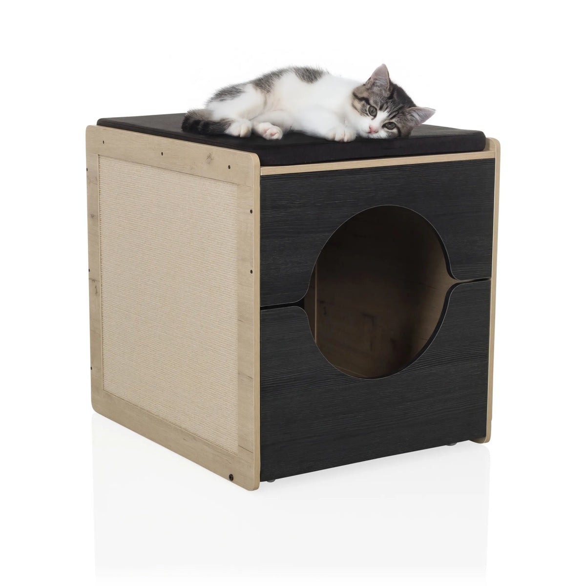 Kattenhuis KITTY PAWBOX 2 in zwart en eiken met een liggende kat op het dak van hjh LIVING