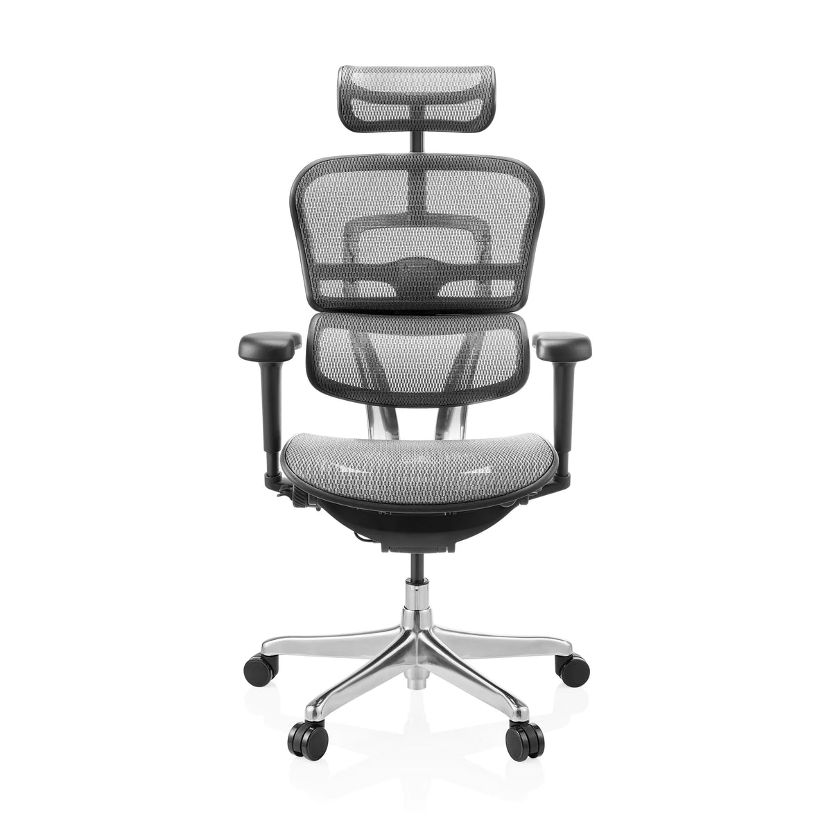 Grijze luxe directiestoel ERGOHUMAN ULTRA GEN2 met netrugleuning, hoofdsteun en vijfsterrenvoet met wielen van hjh OFFICE – 360-gradenweergave (vooraanzicht 0°)
