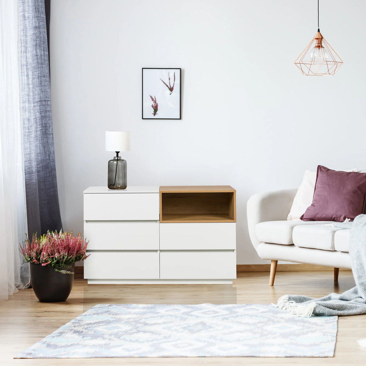 Dressoir MELMO S in wit en eiken met drie laden en een open vak van hjh LIVING