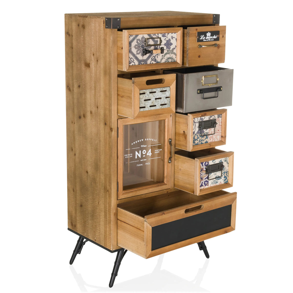 Dressoir CONTINENTO S in houtoptiek met verschillende laden, een glaskast en zwarte poten van hjh LIVING
