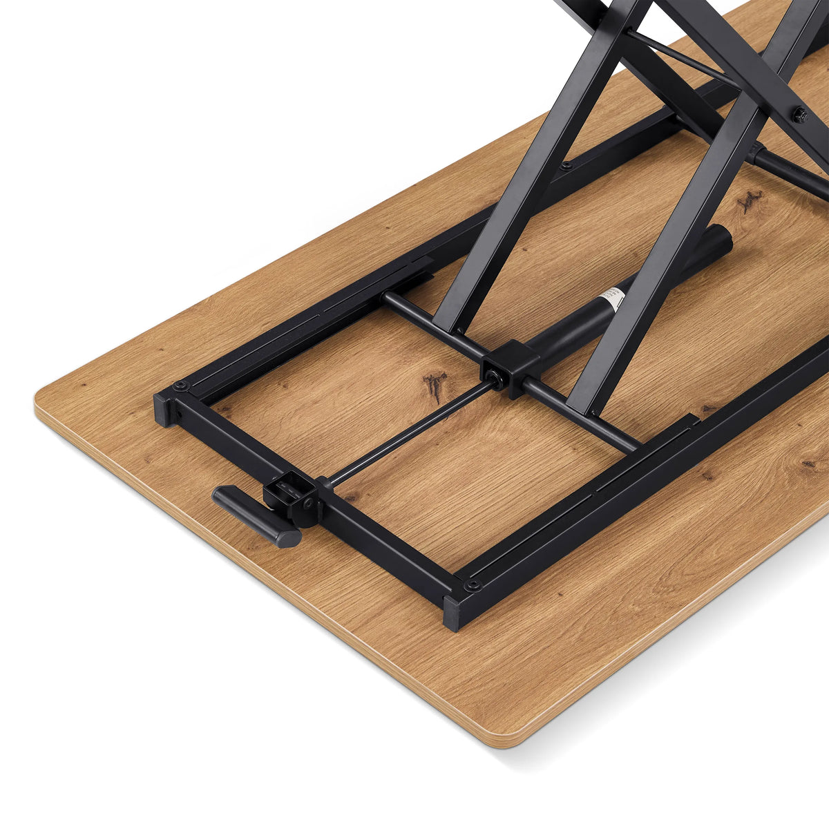 Onderstel met zwart metalen frame en houten blad in eiken van de Worktime Lift-tafel van hjh OFFICE