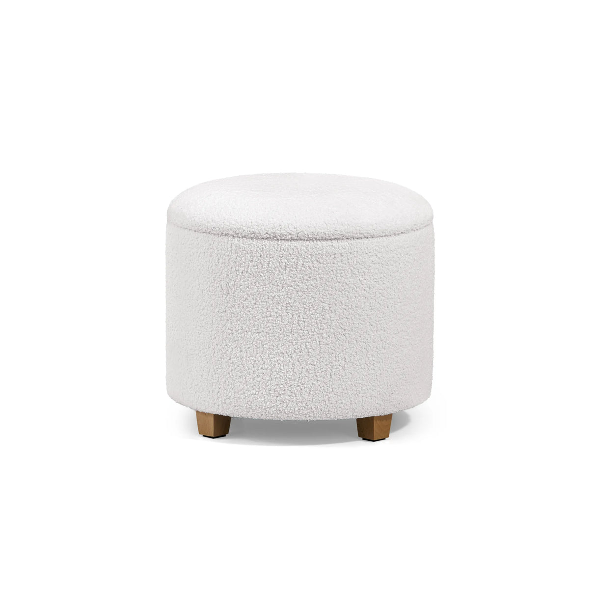 Witte gestoffeerde kruk Storiano S met gestructureerde stoffen bekleding en vier korte houten poten van hjh LIVING – 360-gradenweergave (vooraanzicht 0°)