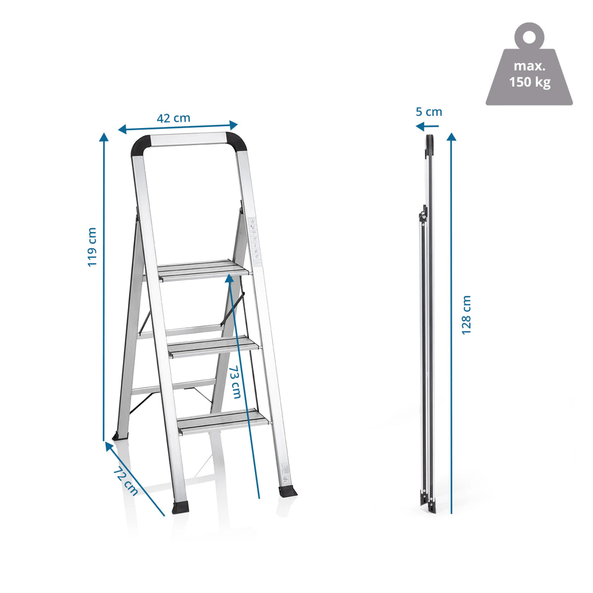 Maattekening van de Klaptrap SOLID V met een hoogte van 119 cm en 42 cm breedte van hjh OFFICE