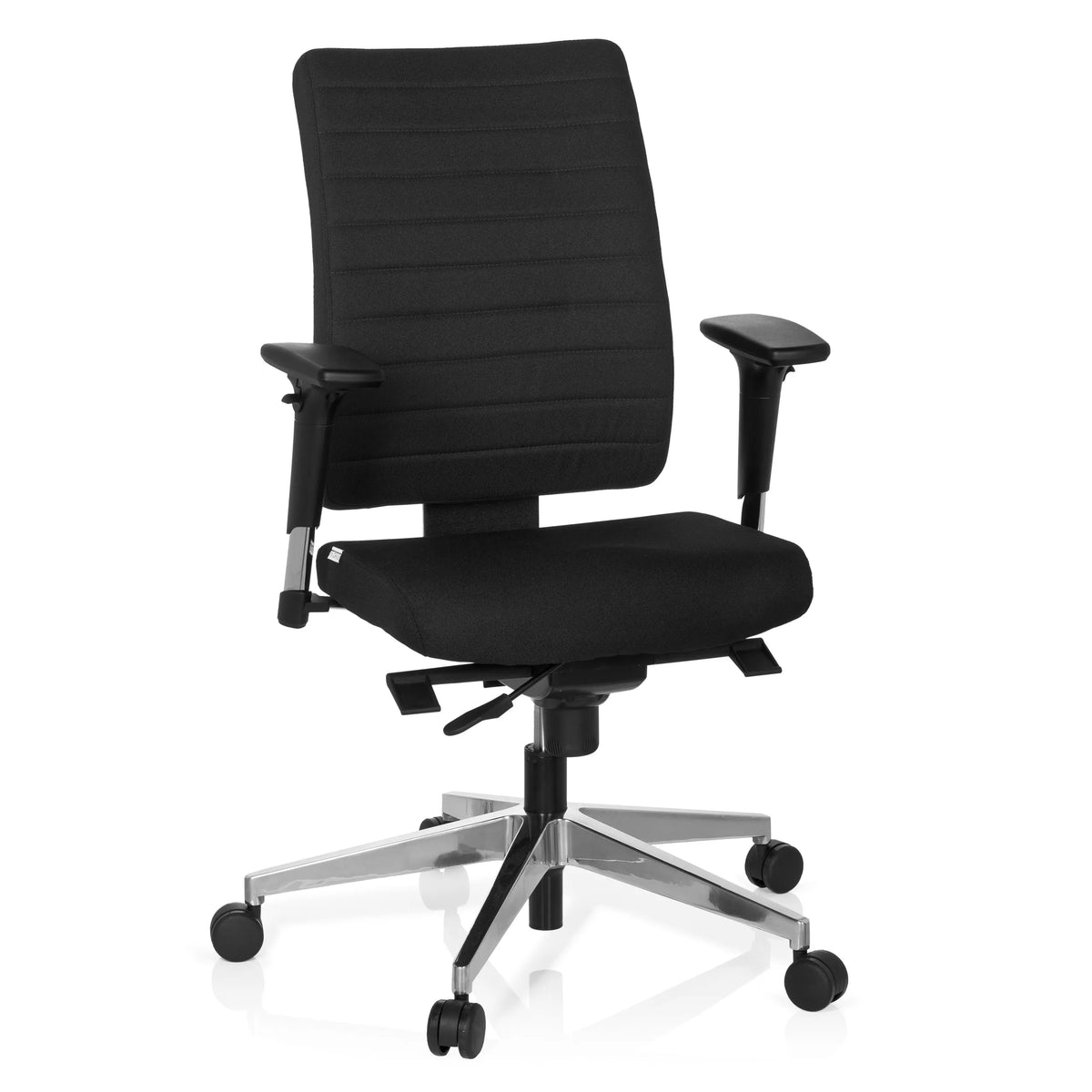 Zwarte Professionele bureaustoel PRO-TEC 350 met armleuningen en zilverkleurig vijfster-onderstel van hjh OFFICE – 360-gradenweergave (vooraanzicht 20°)