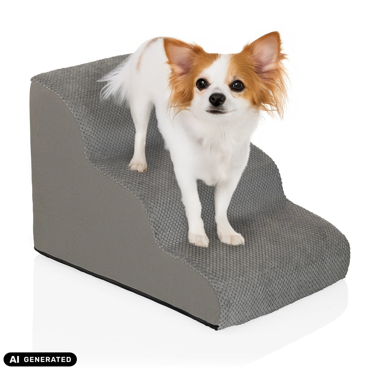 Grijze PAWY STEP 3 trap voor huisdieren met een kleine hond van hjh LIVING (AI-gegenereerde afbeelding)