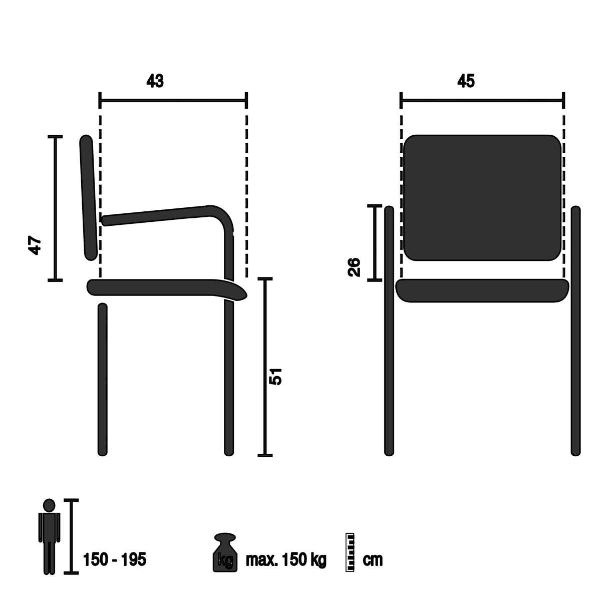 Technische Zeichnung des Klappstuhls PRIORITY II W PU mit einer maximalen Belastbarkeit von 150 kg von hjh OFFICE