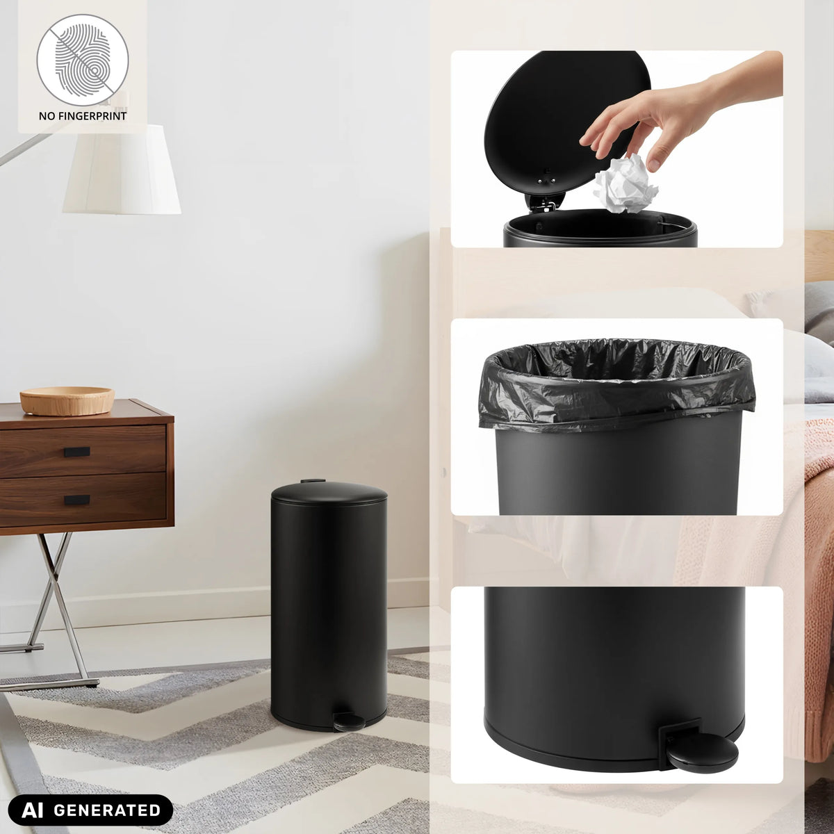 Zwarte CLEAN STEP 2 prullenbak met deksel, vuilniszak en voetpedaal van hjh OFFICE (AI-gegenereerde afbeelding)