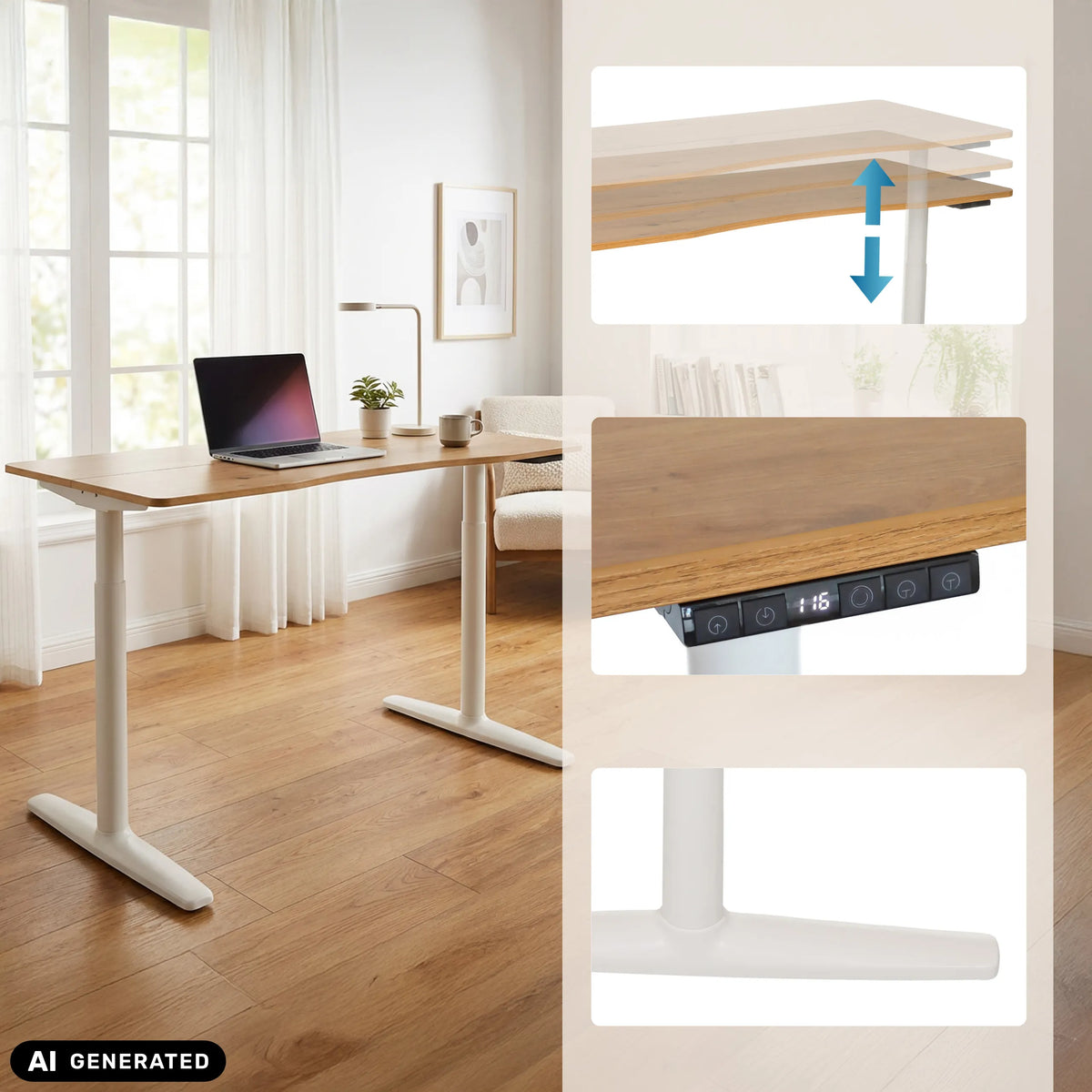 Elektrisch in hoogte verstelbaar bureau STAND PRO R in eiken met digitaal display van hjh OFFICE (AI-gegenereerde afbeelding)