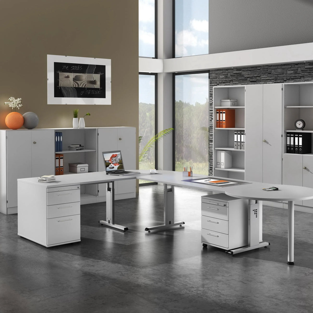 L-förmiger Schreibtisch MEGA 82 S in Grau und Silber mit zwei Rollcontainern und Sideboard von hjh OFFICE PRO