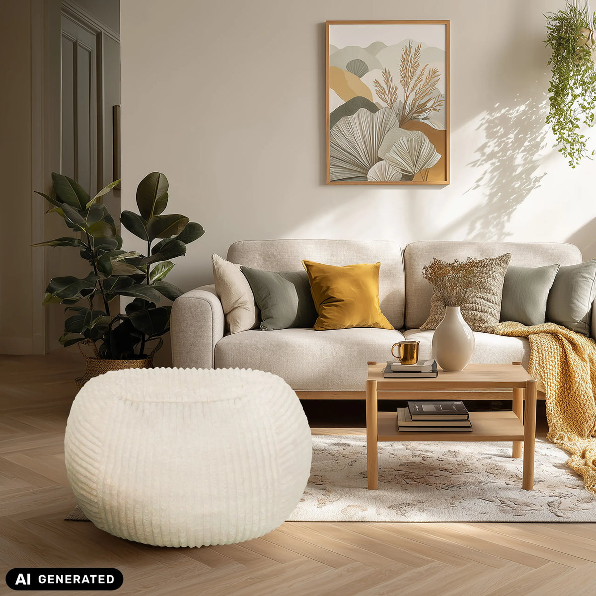 Beige zitzak Sitzolo R in een woonkamer van hjh LIVING (AI-gegenereerde afbeelding)